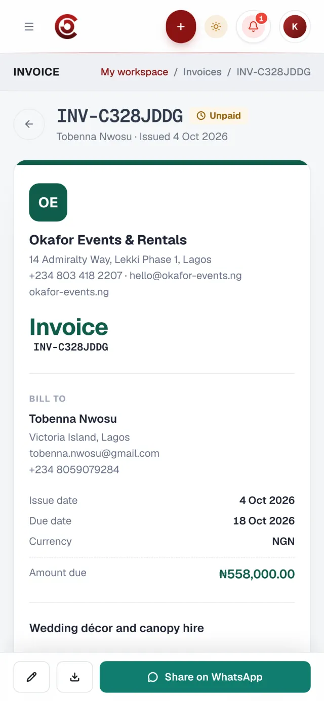A single invoice on a phone, ready to share on WhatsApp