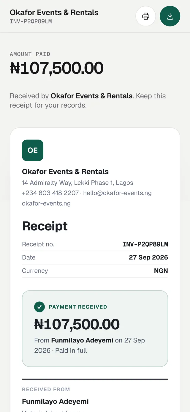 A receipt open on a phone, as the customer sees it from their link